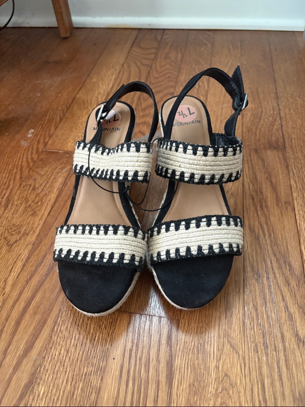 White Mountain Black and Natural Woven Strap Platform Sandals